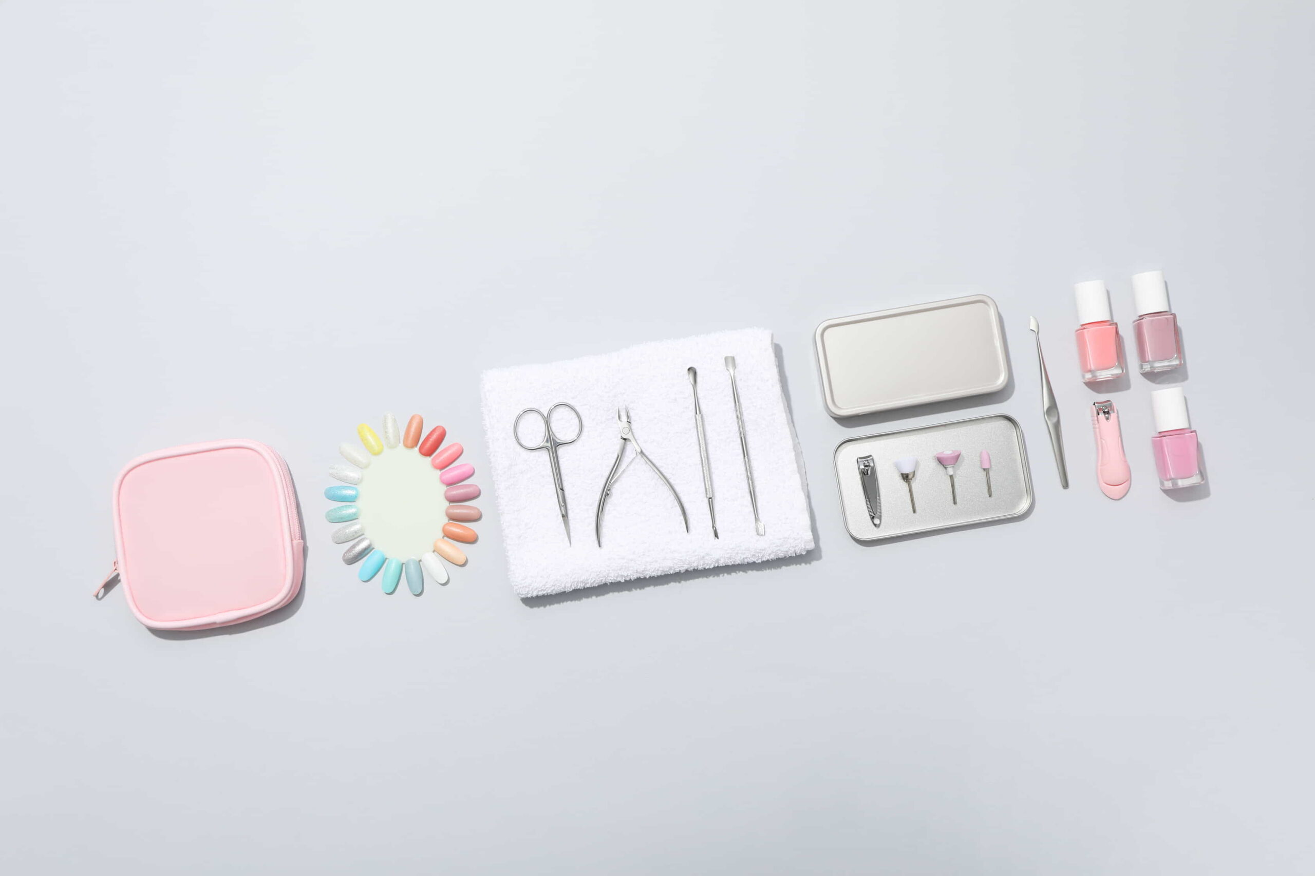 Essential tools for at-home manicures and pedicures, neatly arranged
